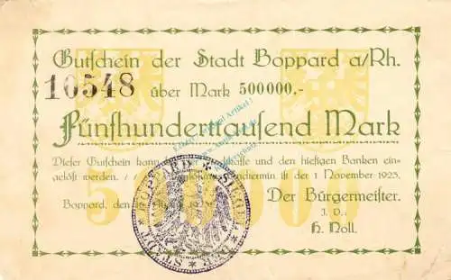 Boppard , Banknote 500.000 Mark Schein in gbr. Keller 528.f , Rheinland 1923 Inflation