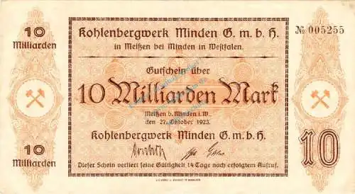 Meissen , Banknote 10 Milliarden Mark Schein in gbr. Keller 3512 , Westfalen 1923 Inflation