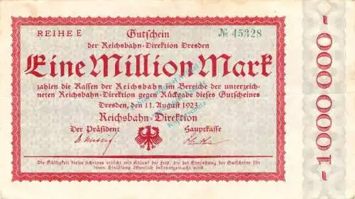 Dresden , Banknote 1 Million Mark Schein in gbr. Bühn 1197.2.a , Sachsen 1923 Inflation