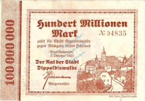 Dippoldiswalde , Banknote 100 Millionen Mark Schein in gbr. Bühn 1021.18 , Sachsen 1923 Inflation