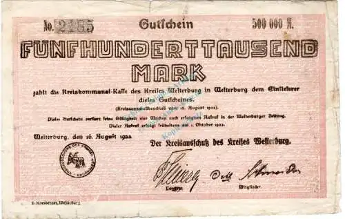 Westerburg , Banknote 500.000 Mark Schein in s-gbr. Keller 5579.a , Hessen 1923 Inflation