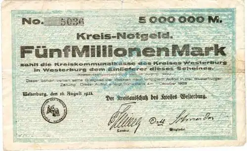 Westerburg , Banknote 5 Millionen Mark Schein in s-gbr. Keller 5579.a , Hessen 1923 Inflation