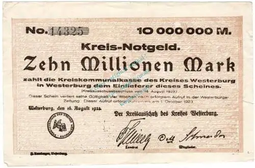 Westerburg , Banknote 10 Millionen Mark Schein in gbr. Keller 5579.a , Hessen 1923 Inflation