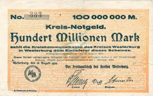 Westerburg , Banknote 100 Millionen Mark Schein in gbr. Keller 5579.a , Hessen 1923 Inflation