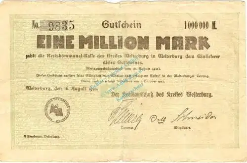 Westerburg , Banknote 1 Million Mark Schein in s-gbr. Keller 5579.a , Hessen 1923 Inflation