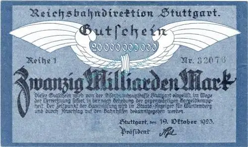 Stuttgart , Banknote 20 Milliarden Mark Schein in L-gbr. Keller 4926.g Grossnotgeld 1923 Inflation Württemberg