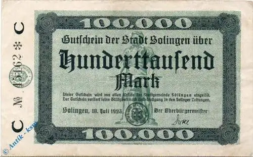 Solingen , Banknote 100.000 Mark Schein in gbr. Keller 4809.a , Rheinland 1923 Inflation