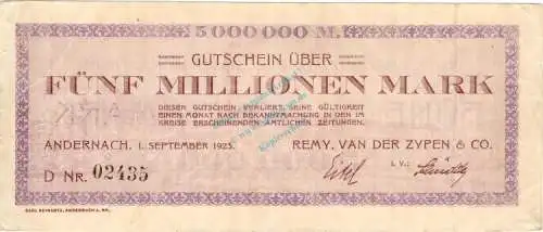 Andernach , Banknote 5 Million Mark Schein in gbr. Keller 99.c , Rheinland 1923 Inflation