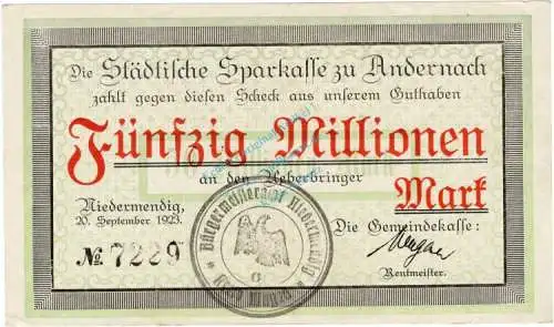 Niedermendig , Banknote 50 Millionen Mark Schein in unc-kfr Keller 3924.c , Rheinland 1923 Inflation