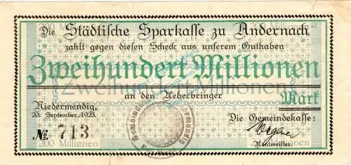 Niedermendig , Banknote 200 Millionen Mark Schein in gbr Keller 3924.c , Rheinland 1923 Inflation