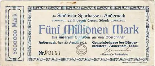 Andernach , Banknote 5 Millionen Mark Schein in gbr. Keller 98... Rheinland 1923 Inflation