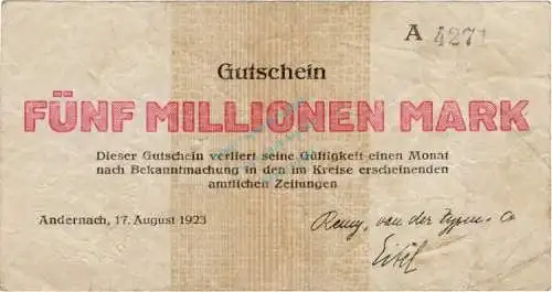 Andernach , Banknote 5 Million Mark Schein in gbr. Keller 99.a , Rheinland 1923 Inflation