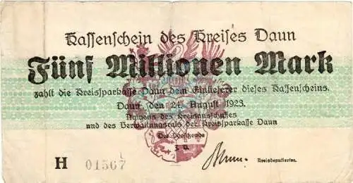 Daun , Banknote  Millionen Mark Schein in gbr. Keller 962.c , Rheinland 1923 Inflation