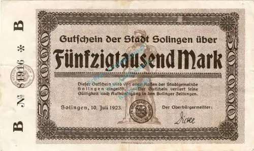 Solingen , Banknote 50.000 Mark Schein in gbr. Keller 4809.a , Rheinland 1923 Inflation