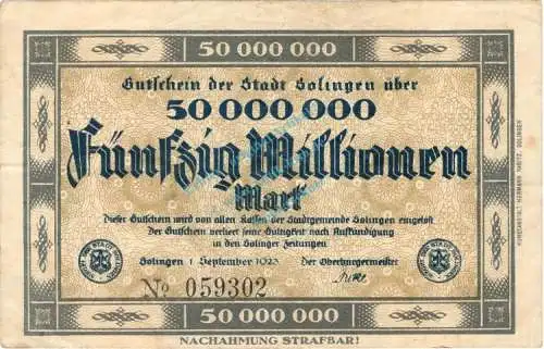 Solingen , Banknote 50 Millionen Mark Schein in gbr. Keller 4809.g , Rheinland 1923 Inflation