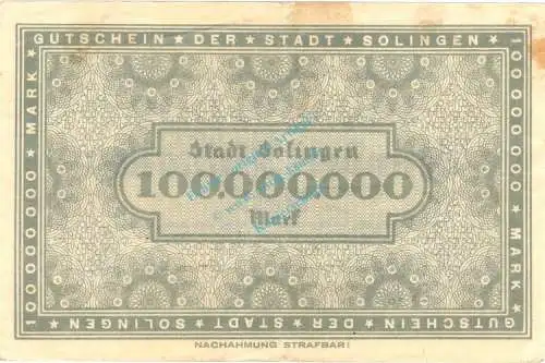 Solingen , Banknote 100 Millionen Mark Schein in gbr. Keller 4809.g , Rheinland 1923 Inflation