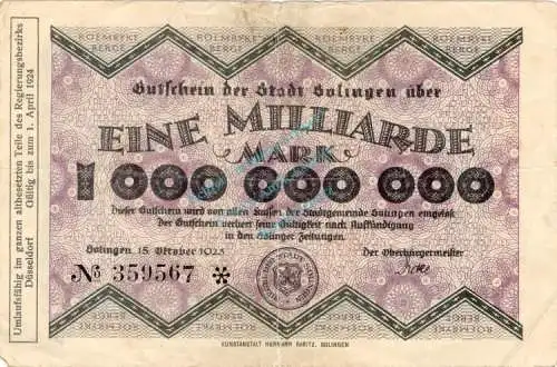 Solingen , Banknote 1 Milliarde Mark Schein in gbr. Keller 4809.q , Rheinland 1923 Inflation