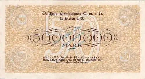 Herten , Banknote 50 Millionen Mark Schein in unc-kfr Keller 2358.g. , Westfalen 1923 Inflation