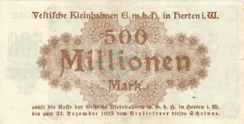 Herten , Banknote 500 Millionen Mark Schein in gbr Keller 2358.h. , Westfalen 1923 Inflation