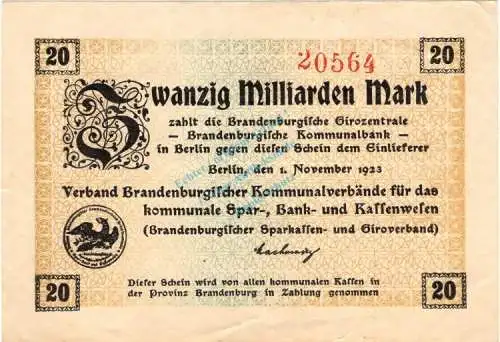 Berlin , Banknote 20 Milliarden Mark Schein in L-gbr Keller 366 , Brandenburg 1923 Inflation