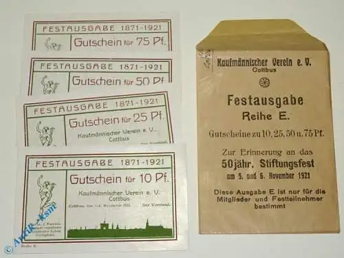 Notgeld Cottbus , Festausgabe mit Tüte , Kaufmännischer Verein , Set mit 4 Scheinen , Mehl Grabowski 243.2 , von 1921 , Brandenburg Serien Notgeld