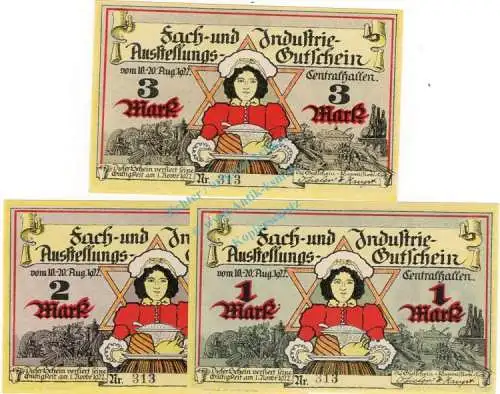 Bremen , Notgeld Set mit 3 Scheinen --Nummerngleich-- in kfr. M-G 168.1 , Bremen 1922 Seriennotgeld