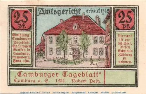 Notgeld Robert Peitz Tageblatt Camburg 215.2.b , 25 Pfennig Schein in kfr. o.D. Thüringen Seriennotgeld