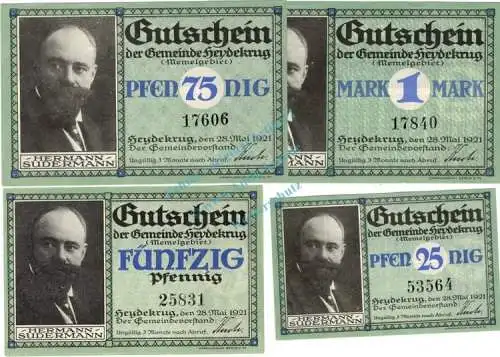 Heydekrug , Notgeld Set mit 4 Scheinen in kfr. M-G 607.1 , Ostpreussen 1921 Seriennotgeld