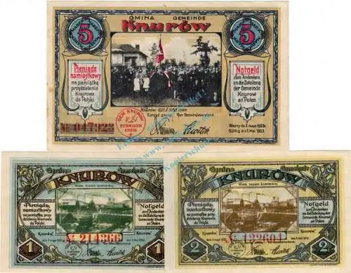 Knurow , Notgeld Set mit 3 Scheinen in unc-kfr. M-G 712.1 , Schlesien 1922 Seriennotgeld