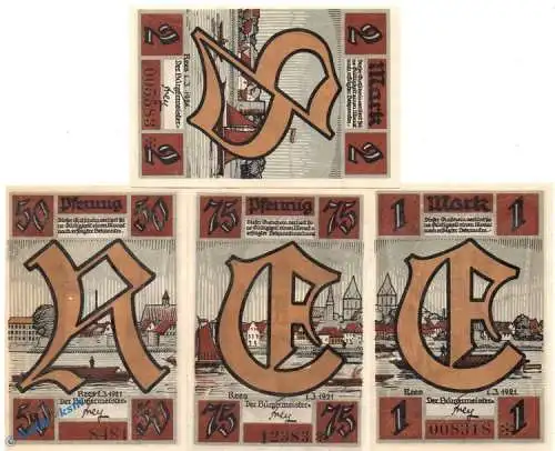 Notgeld Rees , Set mit 4 Scheinen in kfr. Mehl Grabowski 1104.1 , von 1921 , Westfalen Seriennotgeld