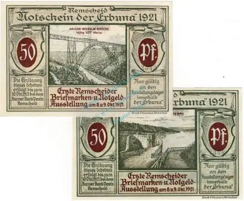 Remscheid , Notgeld Set mit 2 Scheinen --Erbuna-- in kfr. M-G 1116.1.a , Westfalen 1921 Seriennotgeld