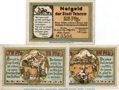 Notgeld Stadt Teterow 1316.2.a , Set mit 3 Scheinen in kfr. o.D. , Mecklenburg Vorpommern Seriennotgeld