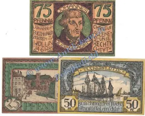 Wollin , Notgeld Set mit 3 Scheinen in kfr. M-G 1453.1 Pommern 1921 Seriennotgeld