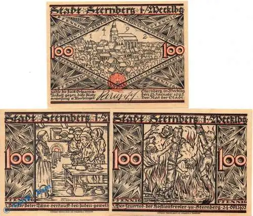 Notgeld Sternberg , Hostienfrevler Set mit 3 Scheinen in kfr. Mehl Grabowski 1268.3 , von 1922 , Mecklenburg Vorpommern Seriennotgeld