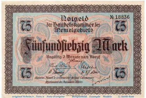 Memel , Notgeld 75 Mark Schein in kfr. MEM-8 , Ros.853 , P 8 , vom 22.02.1922 , deutsche Nebengebiete