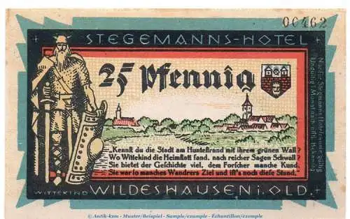 Notgeld Stegemanns Hotel Wildeshausen 1427.1.b , 25 Pfennig Schein in kfr. o.D. Niedersachsen Seriennotgeld