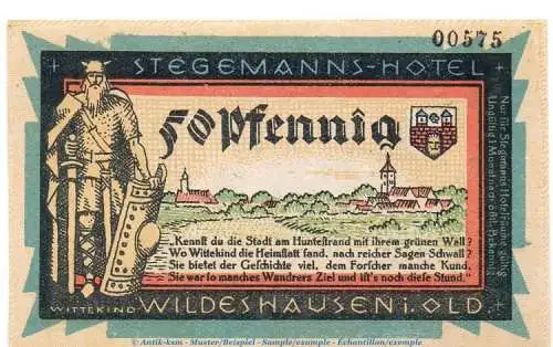 Notgeld Stegemanns Hotel Wildeshausen 1427.1.b , 50 Pfennig Nr.1 in kfr. o.D. Niedersachsen Seriennotgeld