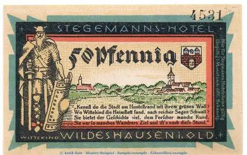 Notgeld Stegemanns Hotel Wildeshausen 1427.1.b , 50 Pfennig Nr.2 in kfr. o.D. Niedersachsen Seriennotgeld