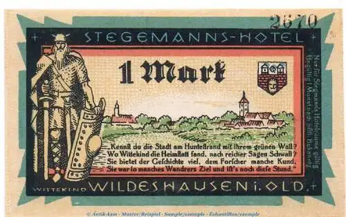 Notgeld Stegemanns Hotel Wildeshausen 1427.1.b , 1 Mark Schein in kfr. o.D. Niedersachsen Seriennotgeld