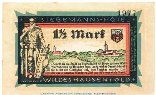 Notgeld Stegemanns Hotel Wildeshausen 1427.1.b , 1,50 Mark Schein in kfr. o.D. Niedersachsen Seriennotgeld