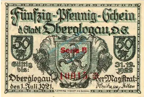 Oberglogau , Notgeld 50 Pfennig --KN-Serie-- in kfr. M-G 994.1.b , Schlesien 1921 Seriennotgeld