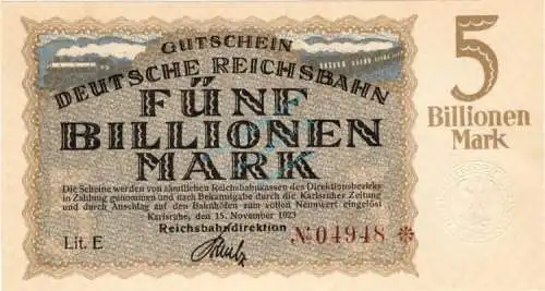 Karlsruhe , Banknote 5 Billionen Mark Schein in unc-kfr. Keller 2583.k , Baden 1923 Inflation