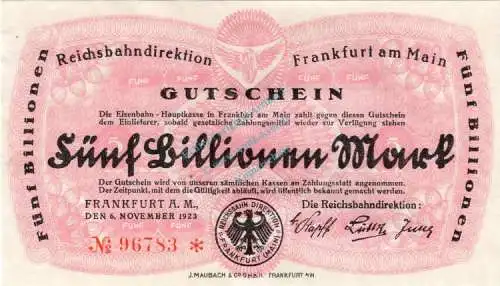 Frankfurt , Banknote 5 Billionen Mark Schein in unc-kfr Keller 1555.i , Hessen 1923 Inflation