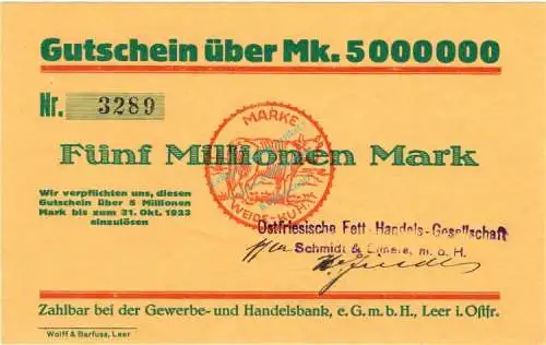 Leer , Banknote über 5 Million Mark Scheine in unc-kfr Keller 2982.c , Niedersachsen 1923 Inflation