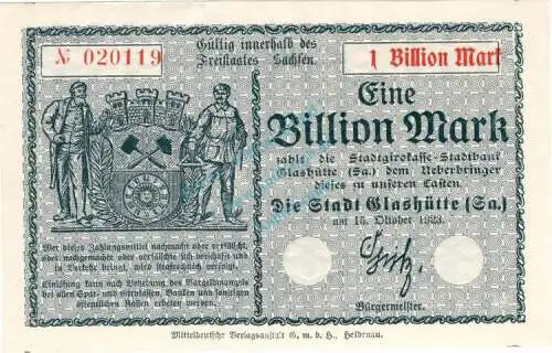 Glashütte , Banknote 1 Billion Mark Schein in unc-kfr Bühn 1960.72 , Sachsen 1923 Inflation