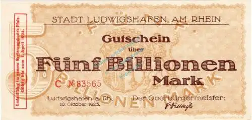 Ludwigshafen , Banknote 5 Billionen Mark Schein in unc-kfr Keller 5328.g , Pfalz 1923 Inflation