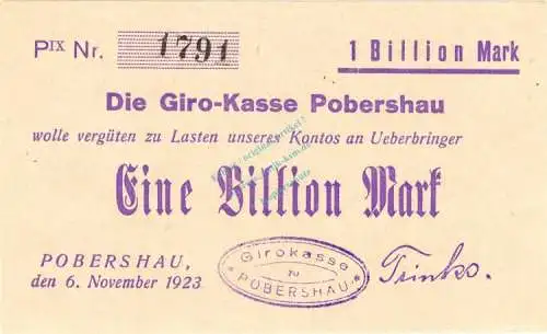 Pobershau , Banknote 1 Billion Mark Schein in unc-kfr. Bühn 6040.98 , Sachsen 1923 Inflation