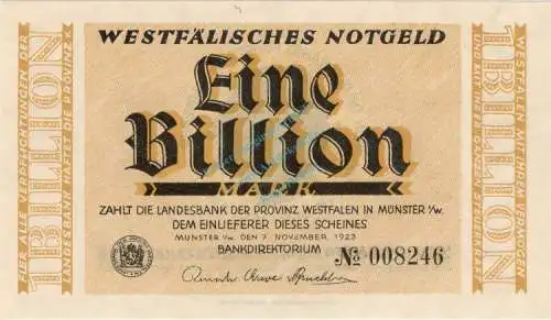 Münster , Banknote 1 Billion Mark Schein in unc-kfr Keller 5562.t , Westfalen 1923 Inflation