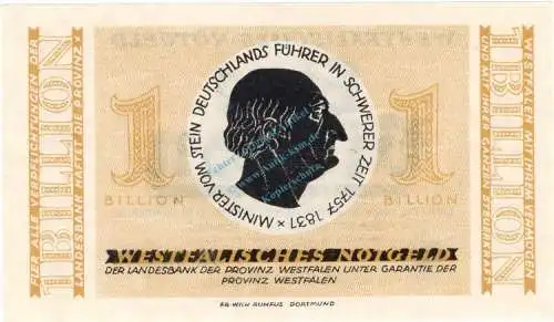 Münster , Banknote 1 Billion Mark Schein in unc-kfr Keller 5562.t , Westfalen 1923 Inflation