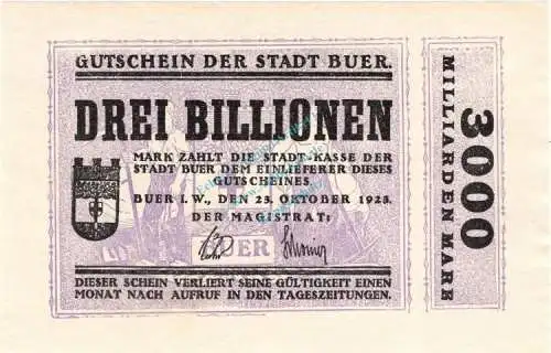 Buer , Banknote 3 Billionen Mark Schein in unc-kfr Keller 659.h , Westfalen 1923 Inflation